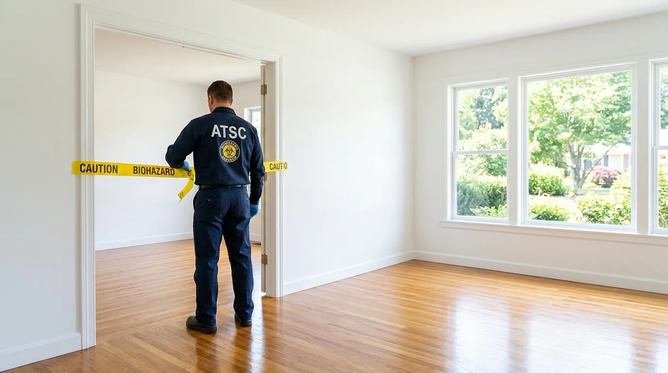 Certified biohazard cleanup crew performing Trauma Scene Cleanup in Fate